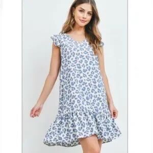 Animal Print Ruffled V-neck Dress Multi-Blue Large